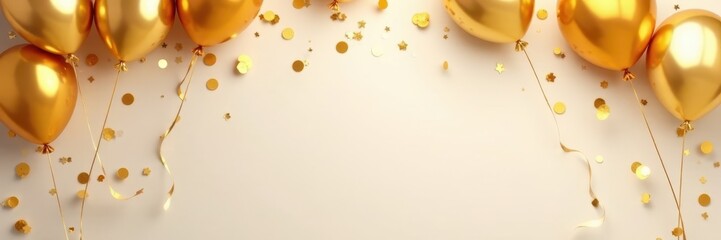 Golden balloons & confetti border, luxurious birthday celebration , background, border