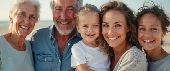 Obraz premium A radiant family stands together on a sunlit beach, their smiles reflecting pure joy and love. The warm connection between the generations is palpable, with a young girl nestled in the arms of her