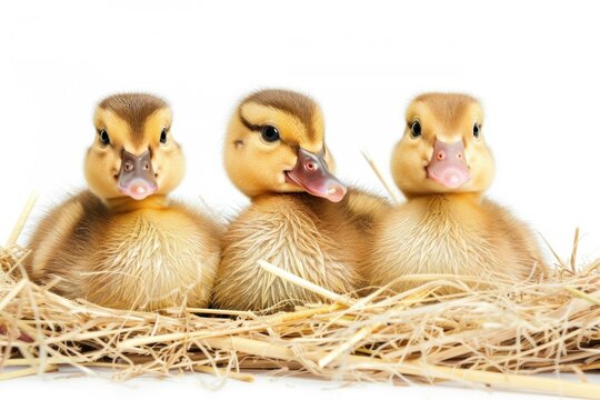 Three adorable ducklings resting comfortably in a straw nest against a clean white backdrop