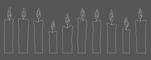 Candles row on a grey background. A set of outline candle illustrations. A candles background. Remembrance or religious background. Hand drawn candles set. Meditation candles drawing.