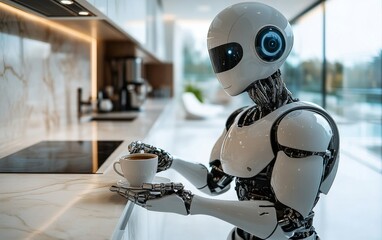 Robot prepares to serve a cup of coffee in a modern kitchen setting, showcasing the blend of technology and daily life in a sleek, well lit environment