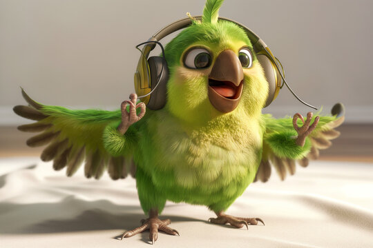 A charming 3D render of a cute, happy green parrot cartoon character
