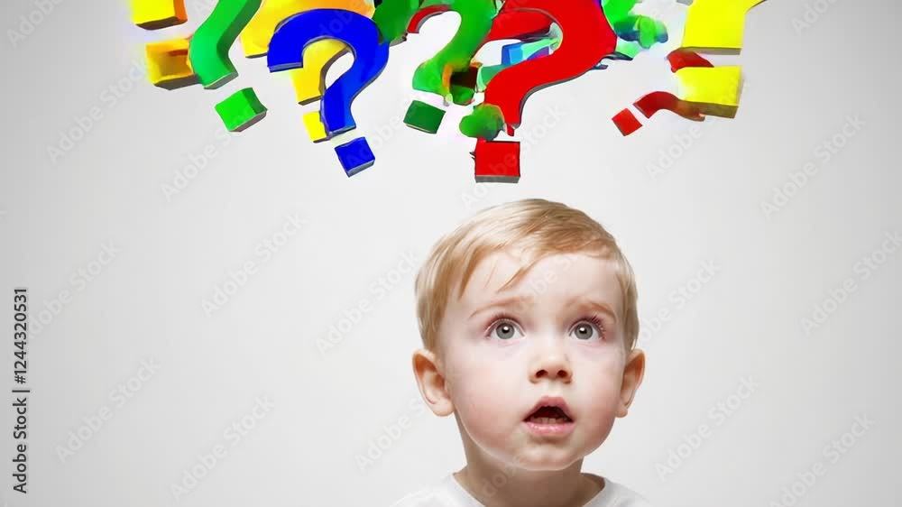 Poster Inquisitive toddler gazing upward, surrounded by floating colorful question marks on white background, embodying childhood curiosity and cognitive exploration of learning process