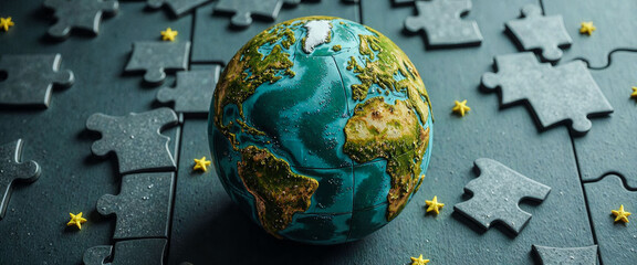 A puzzle piece is missing from a larger puzzle, and the piece that is missing is green. The puzzle is made up of many pieces, and the missing piece is a small part of the larger picture