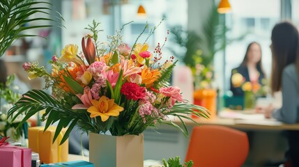 Office Desk Filled with Flowers and Gifts, Surrounded by Smiling Colleagues for March 8 and Valentine's Day