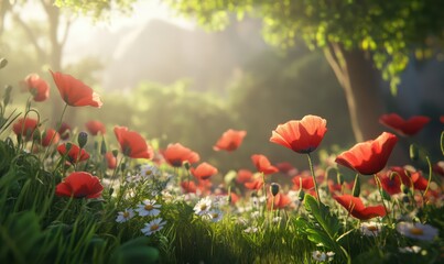 Obraz premium Bright poppies blooming in a sunlit meadow, with vibrant red petals swaying gently in the breeze, creating a serene floral scene