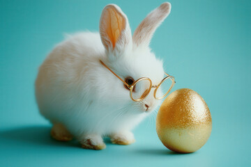 Delightful white rabbit wearing glasses curiously examining a shiny golden egg on a vibrant turquoise background