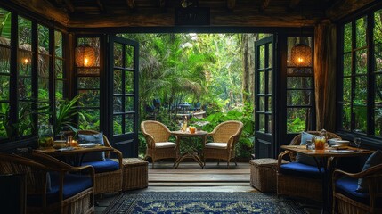 Fototapeta premium A cozy dining area with a view of lush greenery, perfect for relaxation and meals.