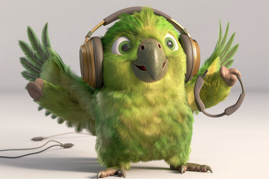 A charming 3D render of a cute, happy green parrot cartoon character