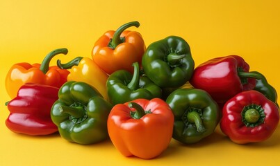 Brightly colored bell peppers and chili peppers spread out on a vibrant yellow background, radiating bold culinary inspiration