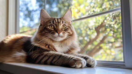 A cat is laying on a window sill, looking out the window