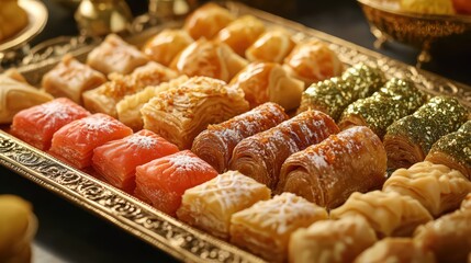 Traditional Eid Sweets Including Baklava, Maamoul, and Turkish Delight Elegantly Arranged on a Festive Tray