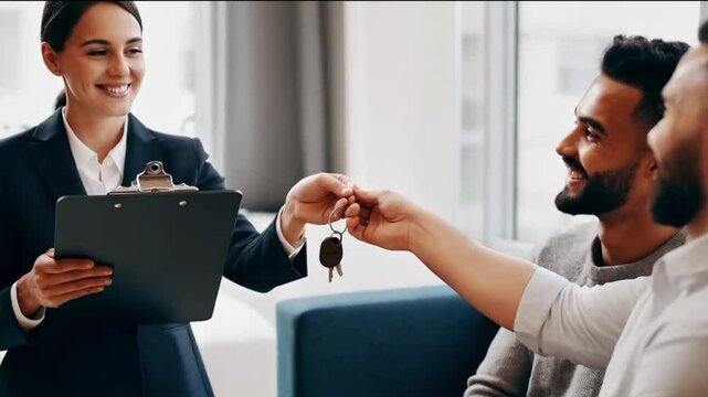 Excitement fills the air as the realtor presents the keys to two happy buyers in a stylish, sunlit living area, marking a new chapter in their lives
