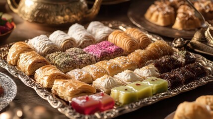 Traditional Eid Sweets Including Baklava, Maamoul, and Turkish Delight Elegantly Arranged on a Festive Tray