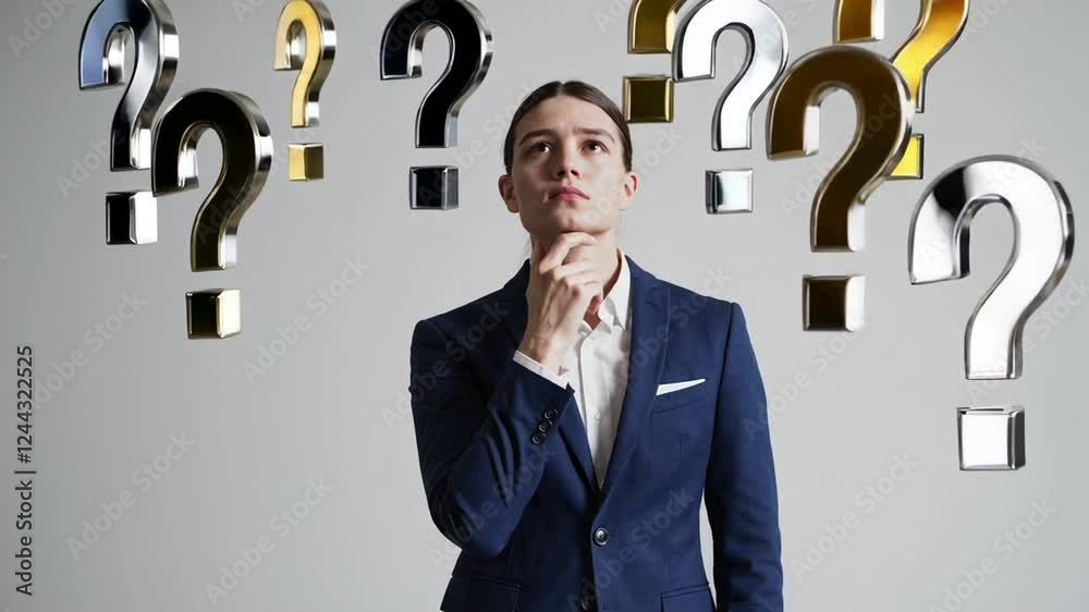 Poster thoughtful businessman in professional attire touching chin, surrounded by floating question marks, 