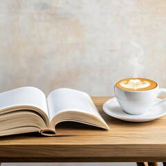 Cozy cafe corner, wooden bistro coffee table, open book, steaming cappuccino