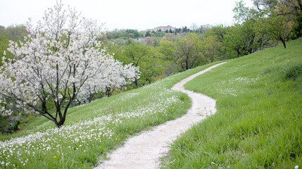 Obraz premium Winding path through spring meadow, blossom trees, hilltop view