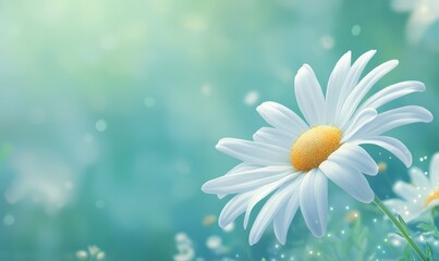 Close-up of a daisy flower with soft white petals and a vibrant yellow center, set against a blurred natural green background