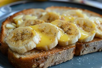 Toasted whole wheat bread topped with sliced bananas, honey, and poppy seeds, creating a delicious and healthy breakfast or snack option
