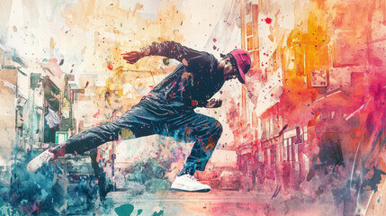 Fototapeta premium A man in a blue shirt and black pants is running through a colorful city street