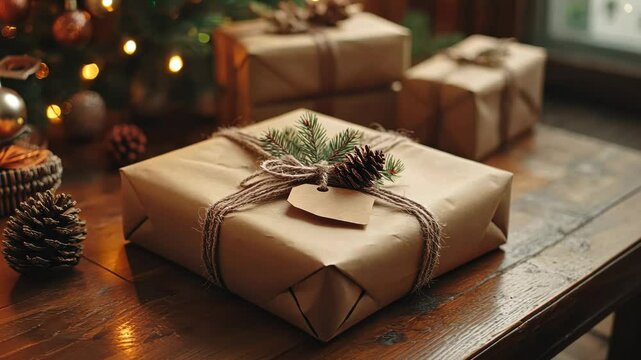 Rustic holiday gift wrapping on wooden table with pine decorations and warm lights