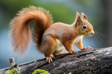 Obraz premium A charming red squirrel perched at the edge of a moss-covered log