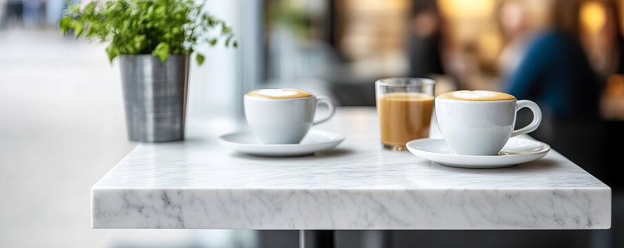 Designer cafe, Italian Carrara marble bistro coffee table, sophisticated clientele