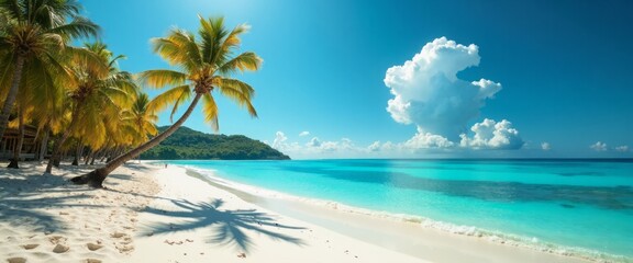 Obraz premium A stunning tropical beach scene unfolds, featuring soft white sands kissed by gentle turquoise waves under a brilliant blue sky. Lush palm trees sway gracefully, casting playful shadows on the shore