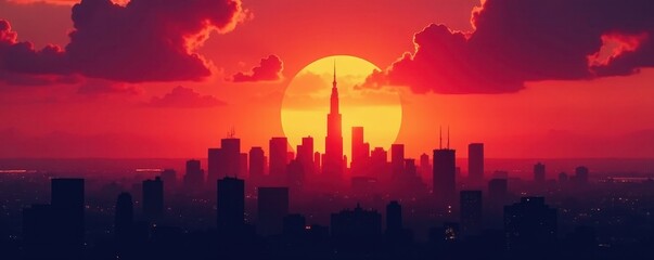 Silhouetted cityscape against fiery sunset sky , travel, docklands