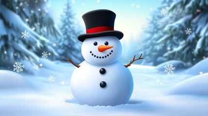 Fototapeta premium Festive Snowman in Winter Wonderland - A cheerful snowman in a top hat stands in a snowy winter landscape