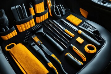 Professional car interior cleaning tools arranged for efficient detailing tasks. Generative AI