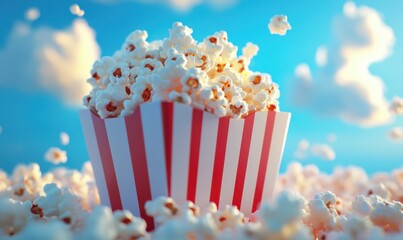 Close-up of fluffy popcorn in a red-and-white striped box, set against a playful blue background for a cinema snack vibe