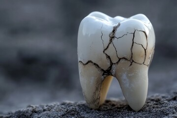 Deeply cracked molar illuminated by dramatic lighting reveals intricate texture. Generative AI