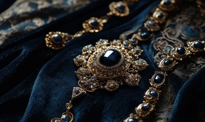 Obraz premium Close-up of intricate jewelry with gemstones and gold accents, placed on a velvet fabric for a luxurious and timeless display