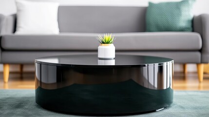 Exclusive VIP lounge cafe, glossy black bistro coffee table, upscale modern design