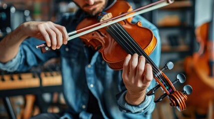 A man is playing a violin in a room with a keyboard