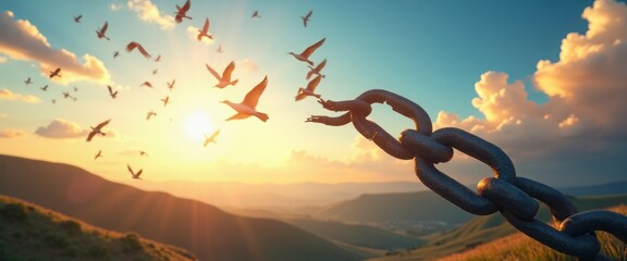 A powerful image captures a broken chain in the foreground, symbolizing liberation, as a flock of birds soars into a vibrant sunset sky. The warm hues of orange and gold blend with soft clouds