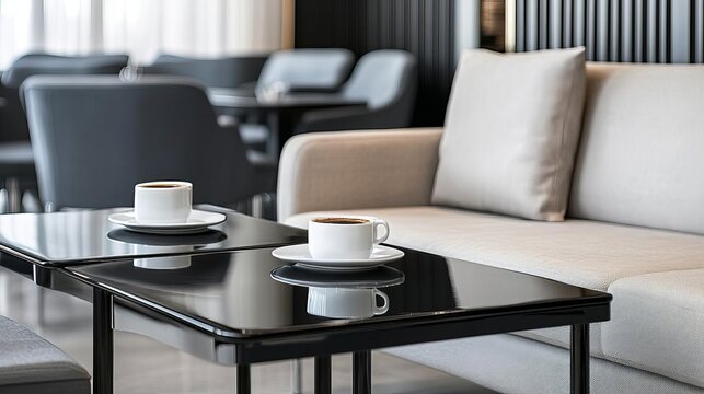 Exclusive VIP lounge cafe, glossy black bistro coffee table, upscale modern design