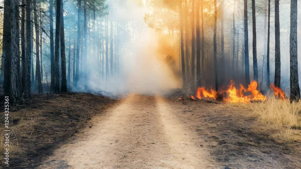Poster intense flames and smoke rise from a wildfire burning along a dirt road, creating a dramatic scene i
