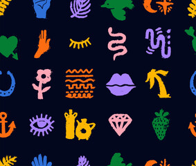 Seamless flower, anchor, bird, snake, diamond, moon, heart, jug pattern. Quirky abstract shapes. Hand drawn doodles. Various design elements. Contemporary trendy vector. Seamless vector flower pattern