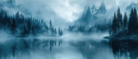 Papier peint photo Forêt brumeuse Serene and peaceful scene of a lake surrounded by trees and mountains  © Chayakorn