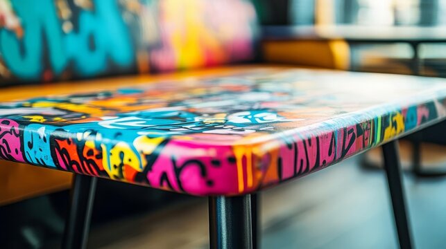 Graffiti-covered bistro coffee table, urban street-art cafe theme