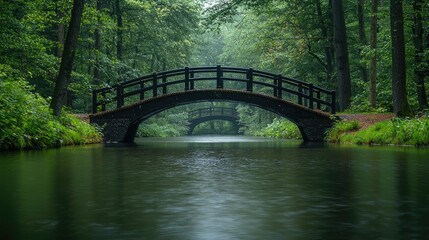 Fototapeta premium Dark wooden bridge spanning tranquil forest canal