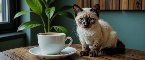 A cat is laying on a table next to a coffee cup. The cat is looking at the camera with a curious expression