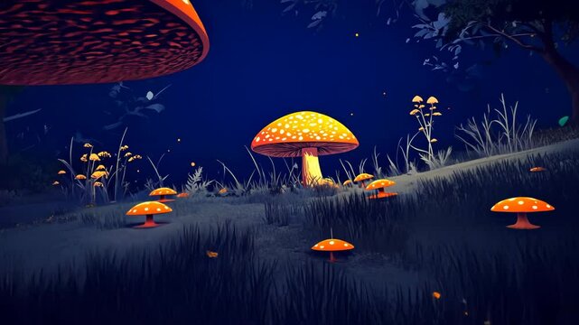 Cute Cartoon Mushroom Umbrella in Autumn Forest Vector Illustration