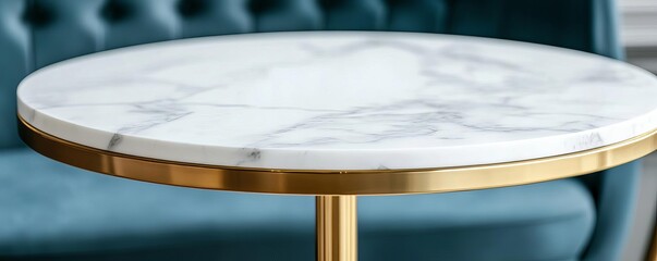 Obraz premium Handcrafted Italian marble bistro coffee table, gold accents, luxurious cafe interior