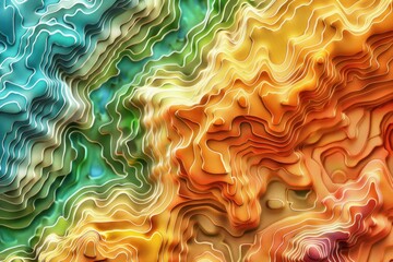 Topographic contour lines forming a colorful and abstract 3d landscape, perfect for representing concepts related to geography, cartography, and nature