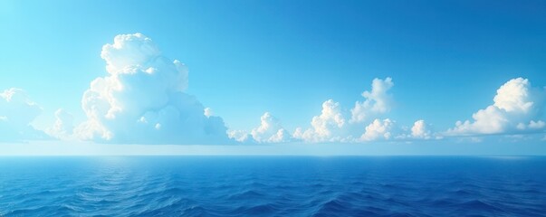 Obraz premium Vast, slightly hazy blue sky filled with scattered cumulus clouds above a tranquil, dark blue ocean , day, view