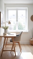 A spacious and minimalist modern home office in the Scandinavian style, featuring a sleek, light-wooden desk with a subtle grain pattern, paired with a ergonomic chair in a pale gray color