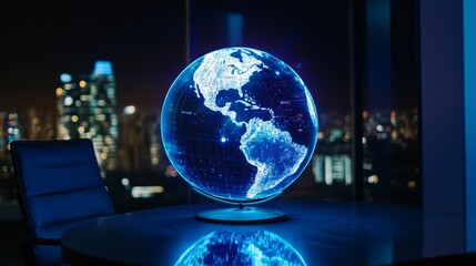 Global Connections Illuminated - A glowing illuminated globe sits on a table, showcasing global interconnectedness against a city night backdrop.